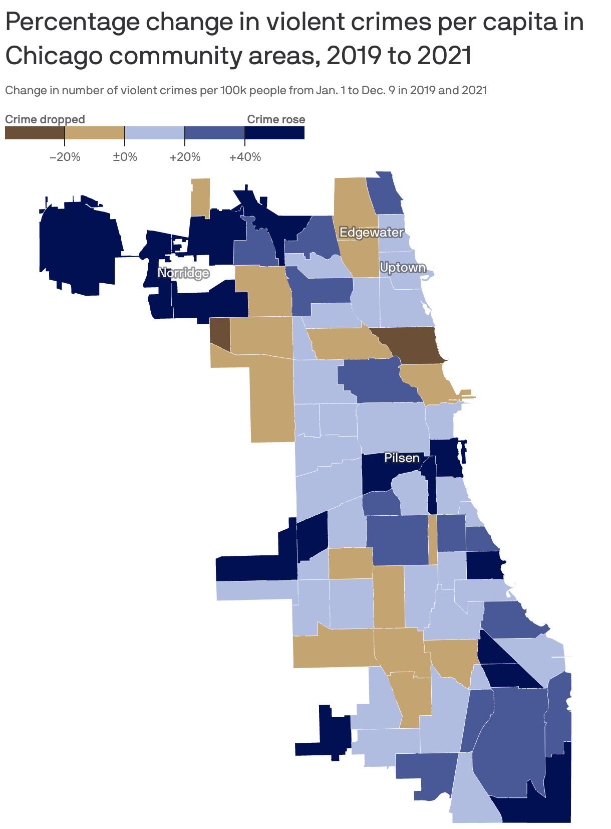 Percentage change in violent crimes per capita in Chicago community areas, 2019 to 2021