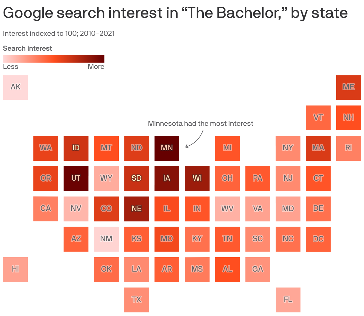 Google search interest in “The Bachelor”, by state