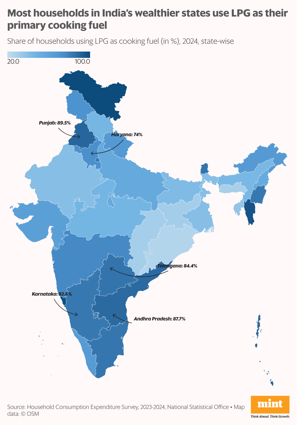 A map of India showing state-wise LPG usage by households in 2024.