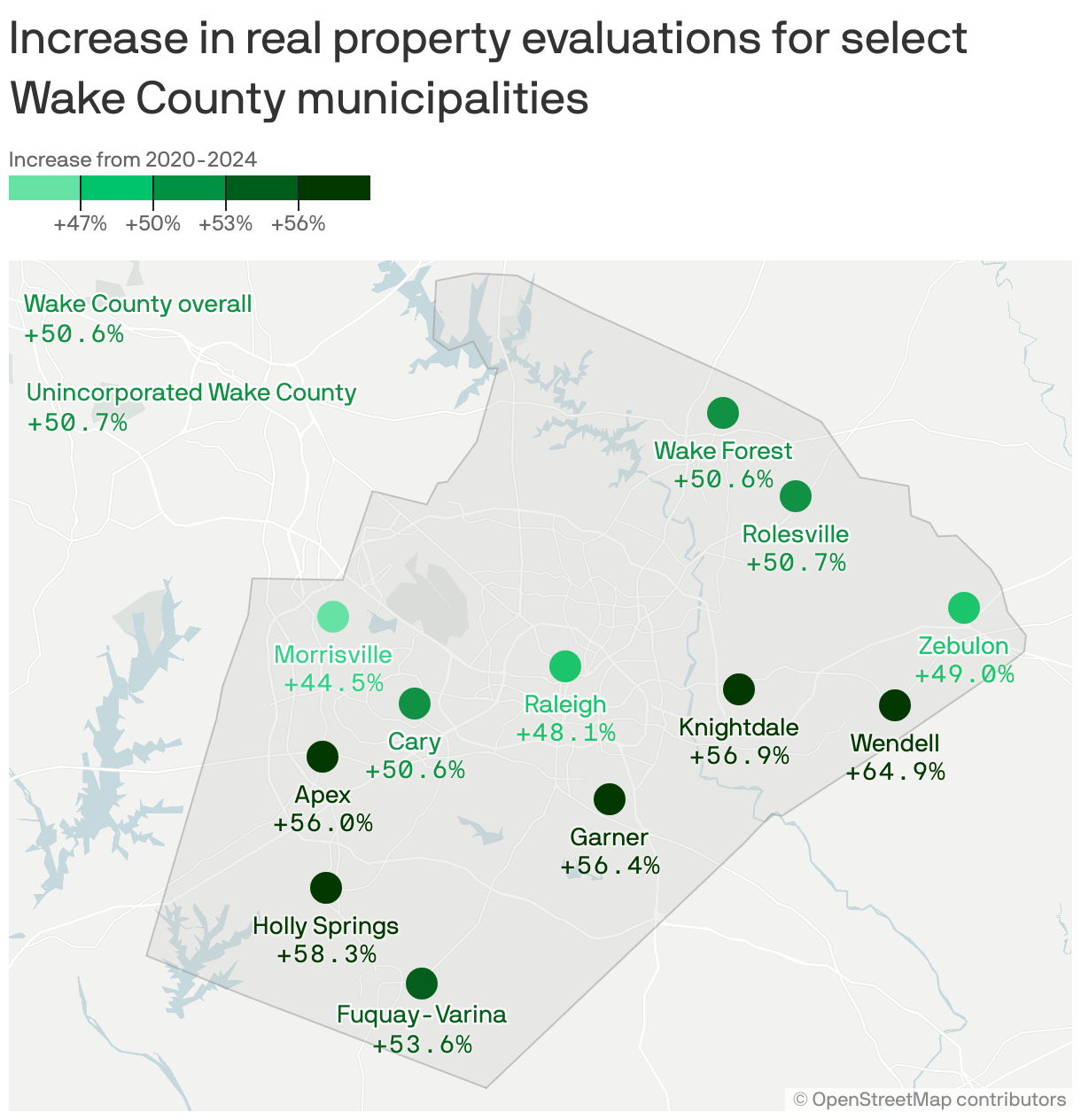 Increase in real property evaluations for select Wake County municipalities