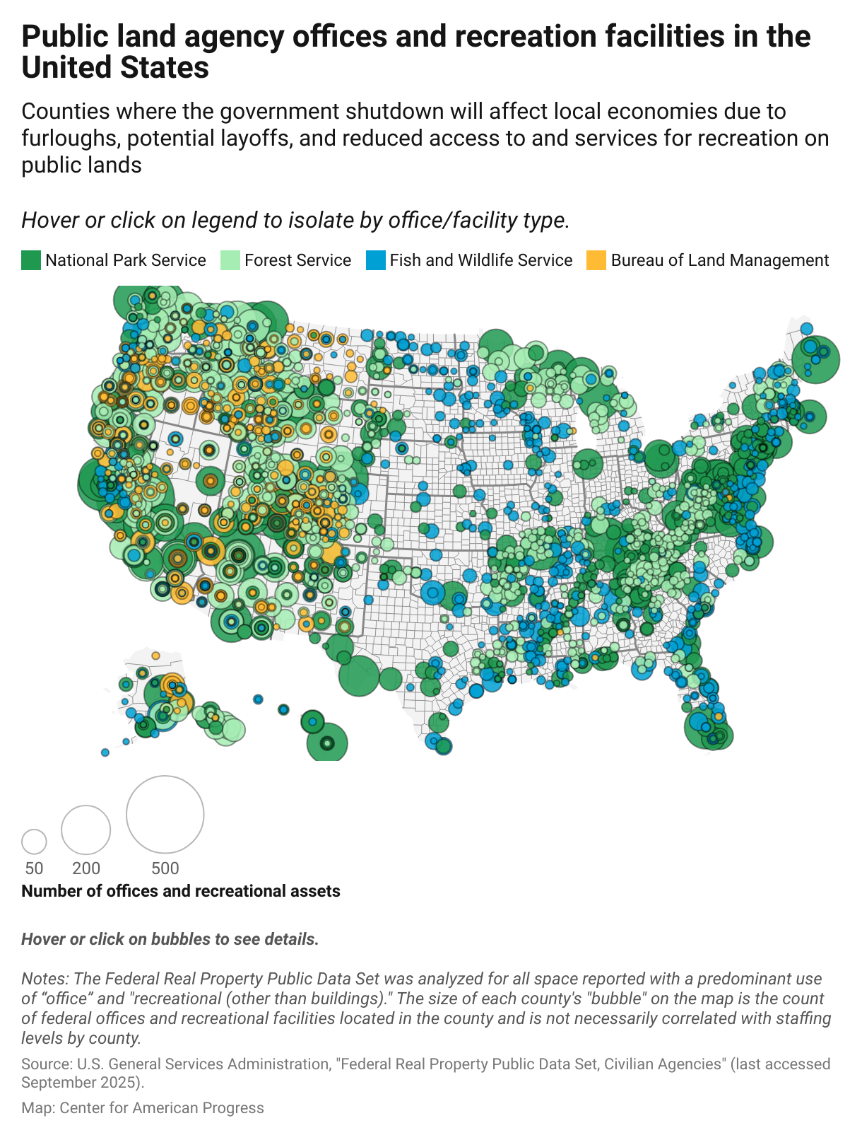 Map showing federal office locations and recreation facilities by county for the U.S. Forest Service, Bureau of Land Management, U.S. Fish and Wildlife Service, and National Park Service.