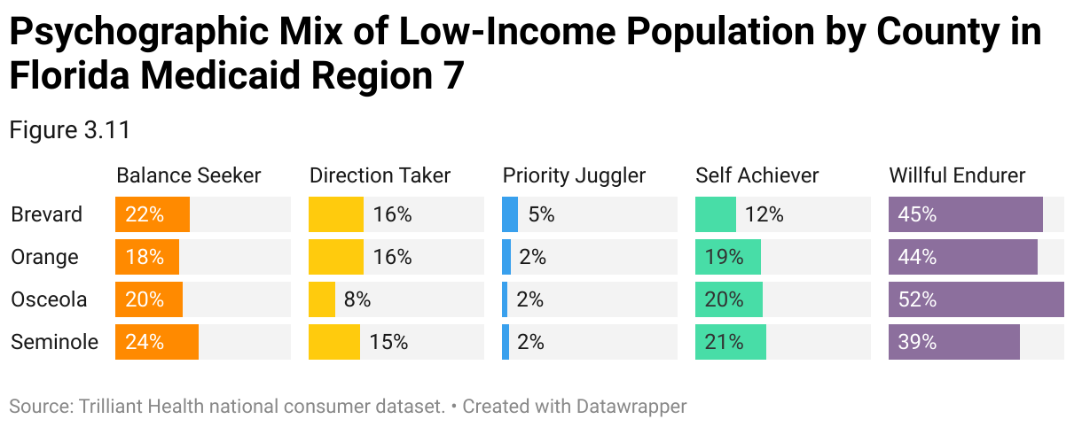 A chart shows the percentage of low-income patients in Florida’s Medicaid Region 7 in each psychographic segment.