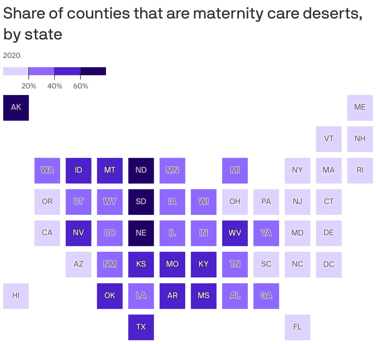 Share of counties that are maternity care deserts, by state