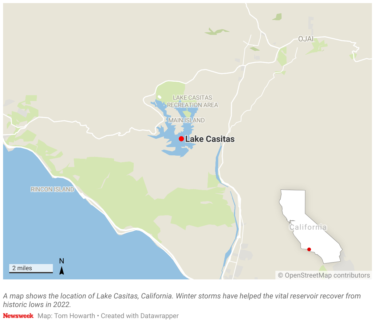 カリフォルニア州カシータス湖の位置を示す地図。