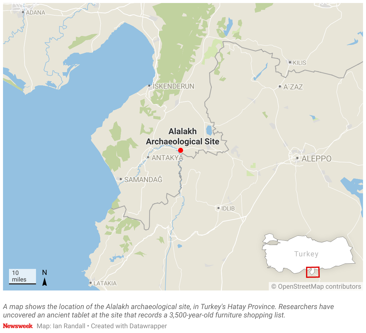 A map shows the location of the Alalakh archaeological site, in Turkey's Hatay Province.