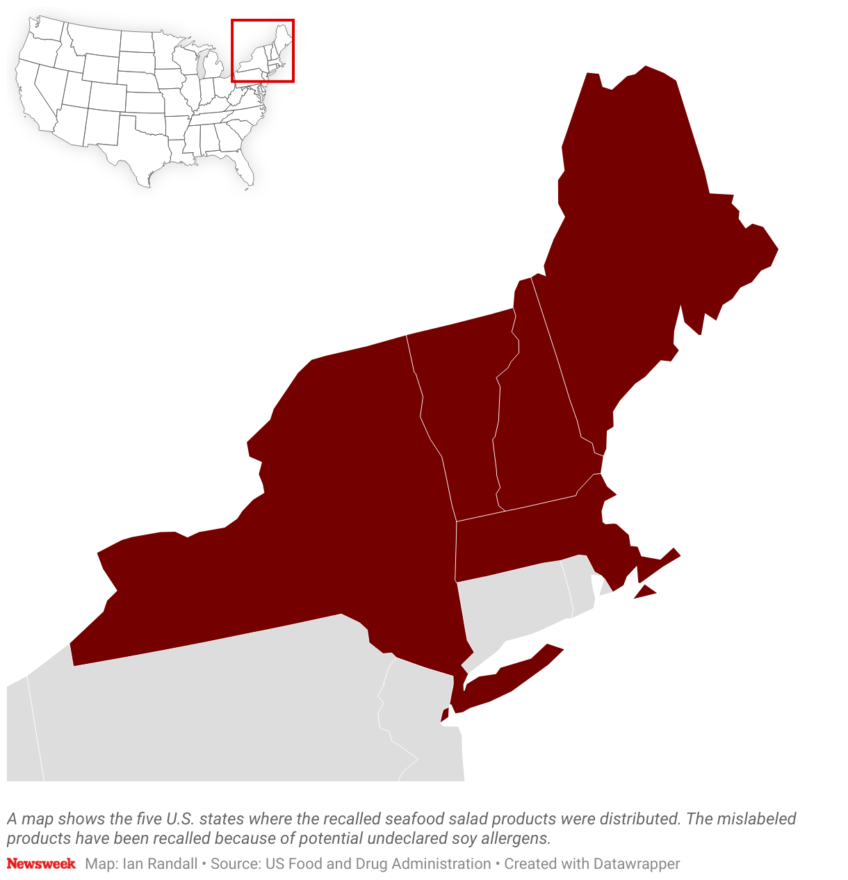 El mapa muestra los cinco estados de EE. UU. donde se distribuyeron las ensaladas de mariscos retiradas del mercado.