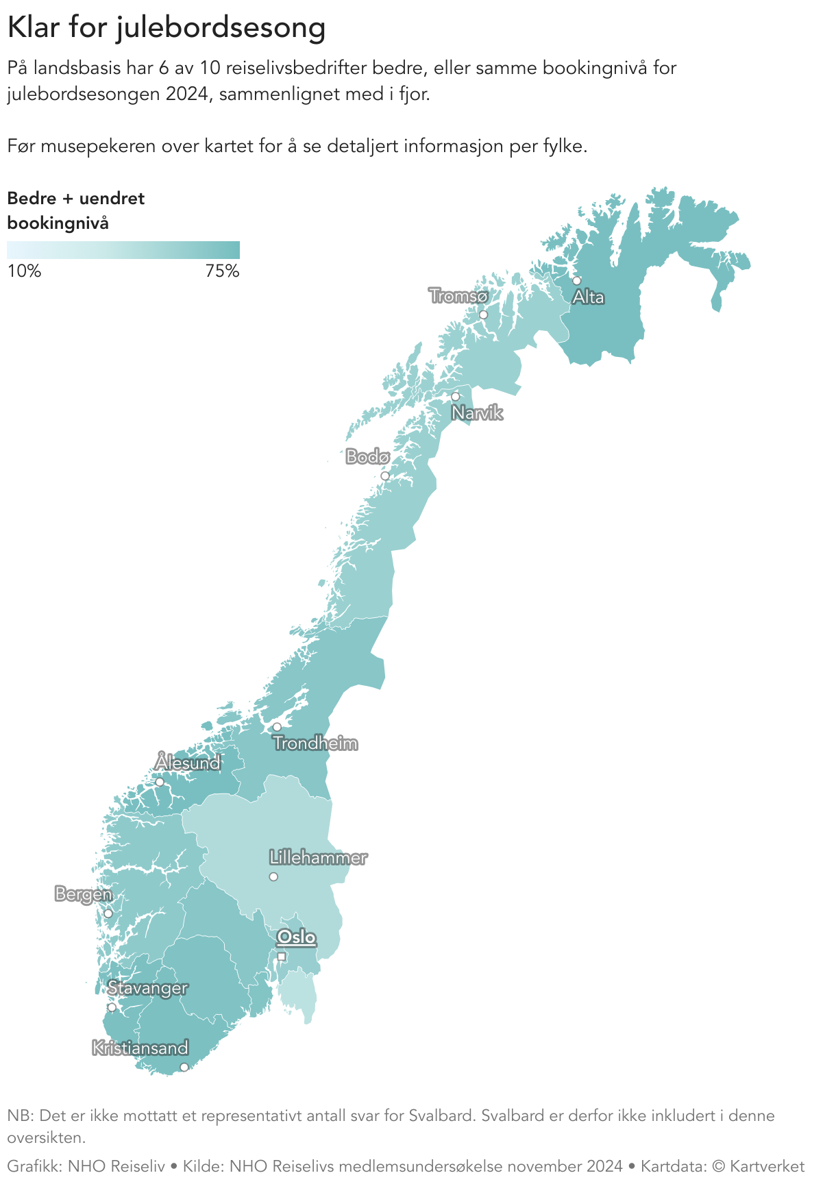 Et kart over Norge som viser ulike farger basert på bookingnvå for julebordsesongen 