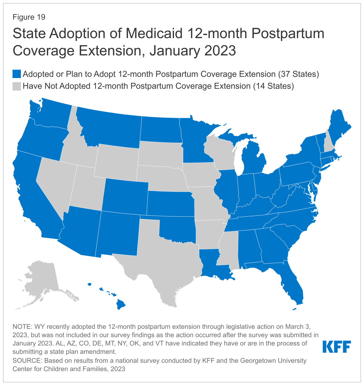 State Adoption of Medicaid 12-month Postpartum Coverage Extension, January 2023 data chart