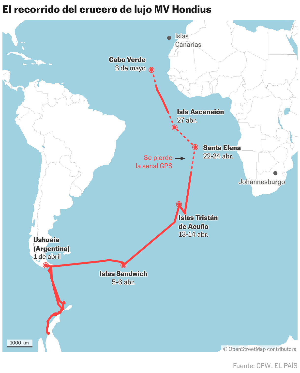 El recorrido de crucero de lujo MV Hondius (Mapas de ubicación)