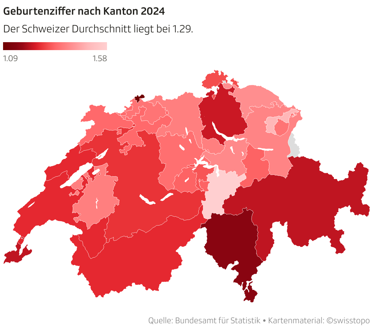 Geburtenziffer nach Kanton 2024 (Choroplethen-Karte)