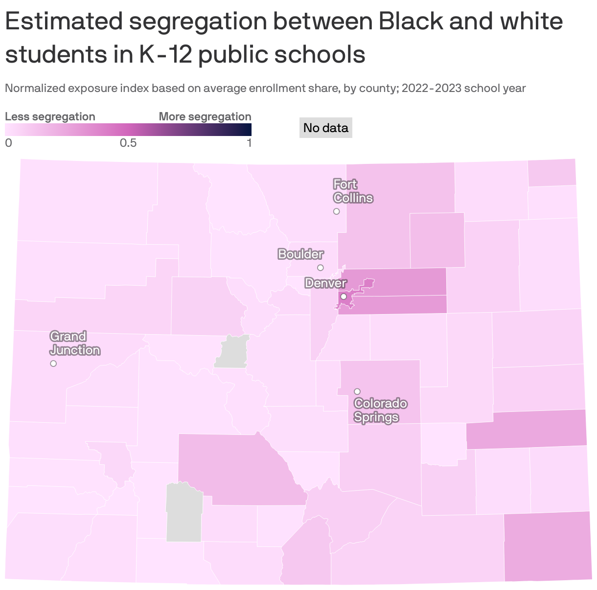 Choropleth map of U.S. counties showing the estimated level of segregation between Black and white students in K-12 public schools. Schools in counties in the southern U.S., southern California and Northeast tend to be more segregated than counties in the Pacific Northwest and Midwest.