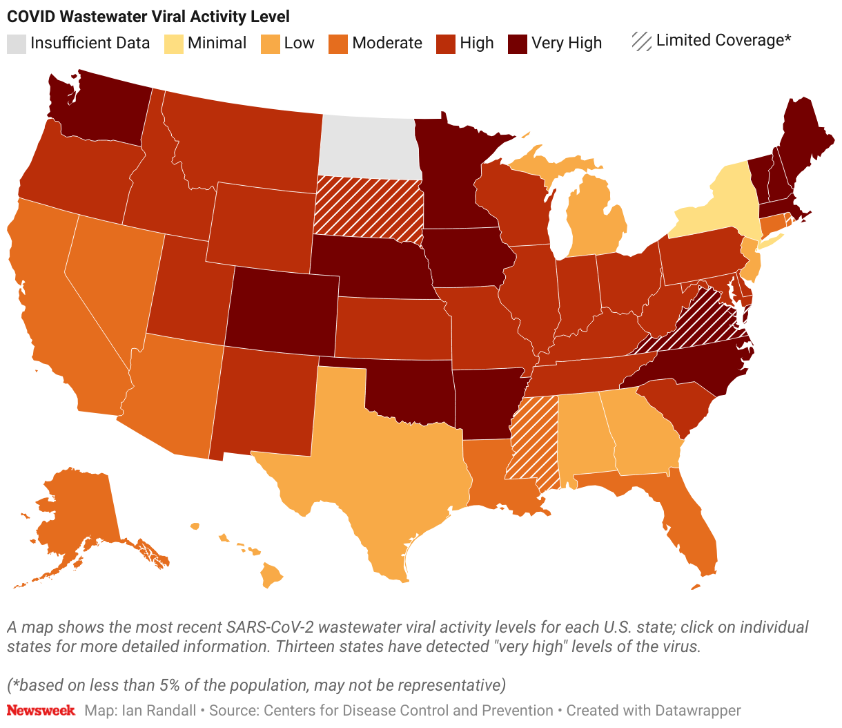 A map shows the most recent SARS-CoV-2 wastewater viral activity levels for each U.S. state.