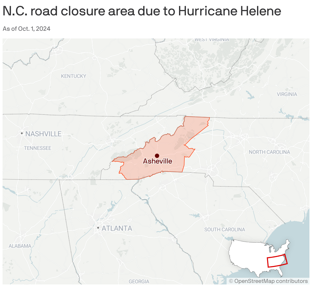 A map showing the N.C. road closure area due to Hurricane Helene. Travelers are advised not to travel in or to western North Carolina.