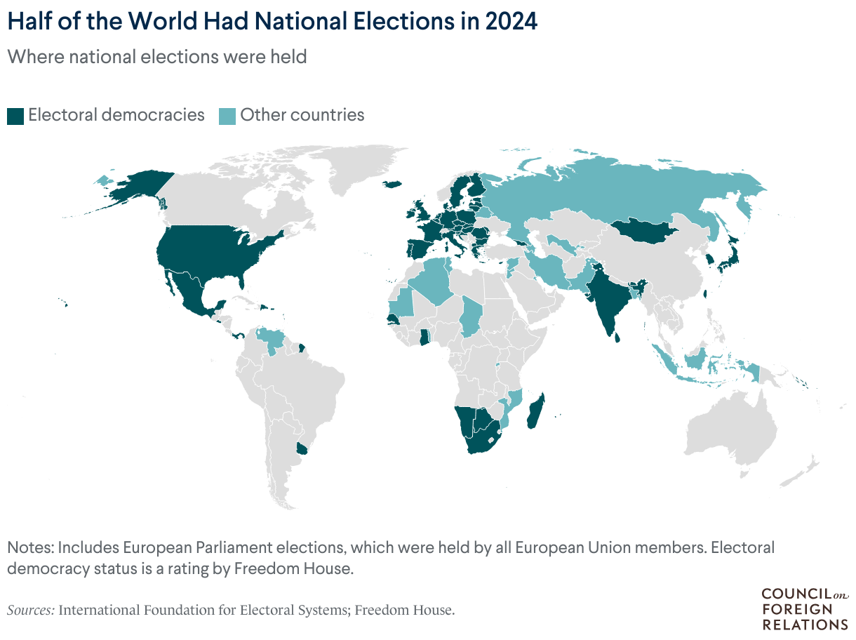 A map showing countries where national elections will be held in 2024. Many countries from all regions of the world are shown.