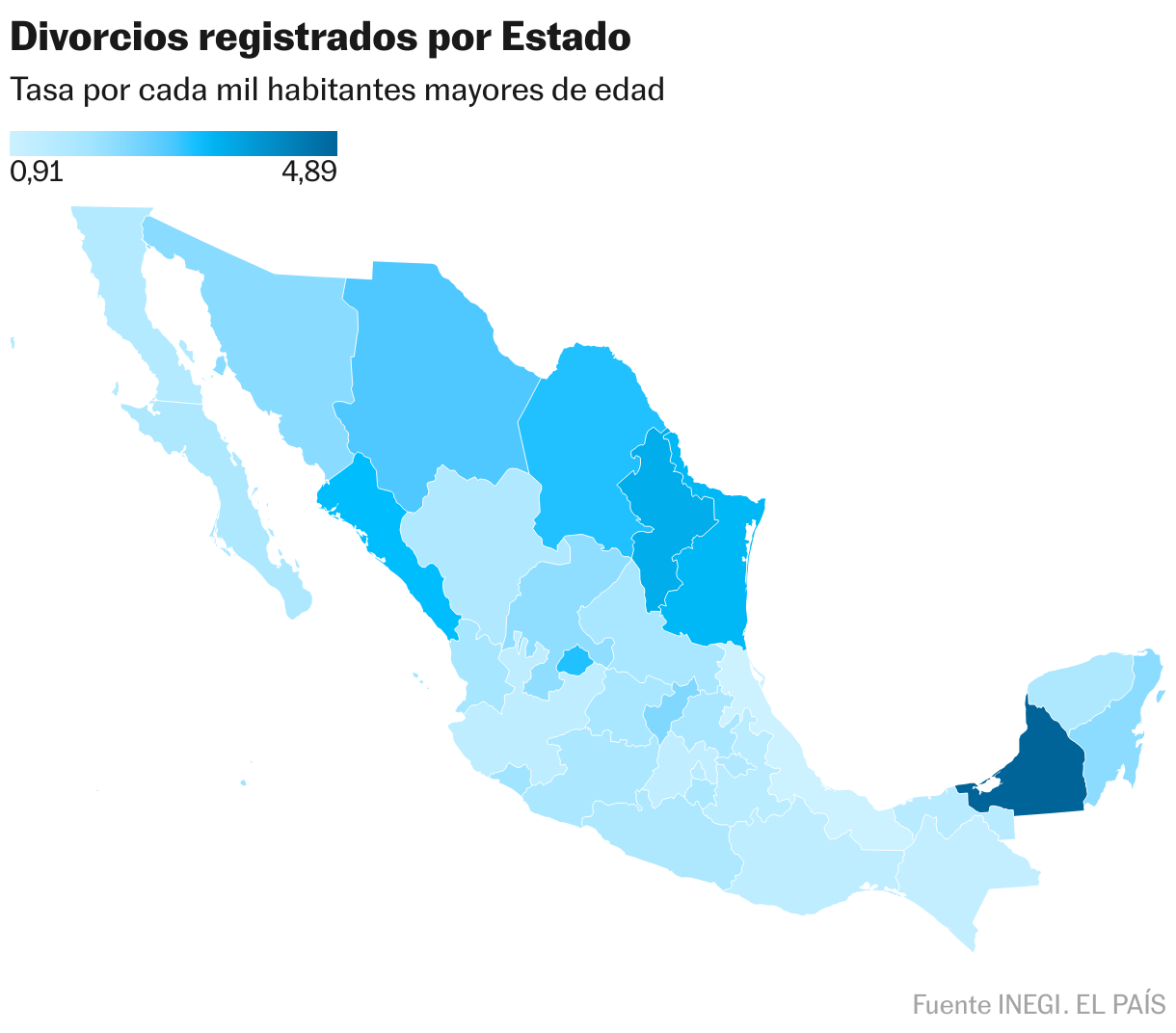 Divorcios registrados por Estado (Mapa coroplético)
