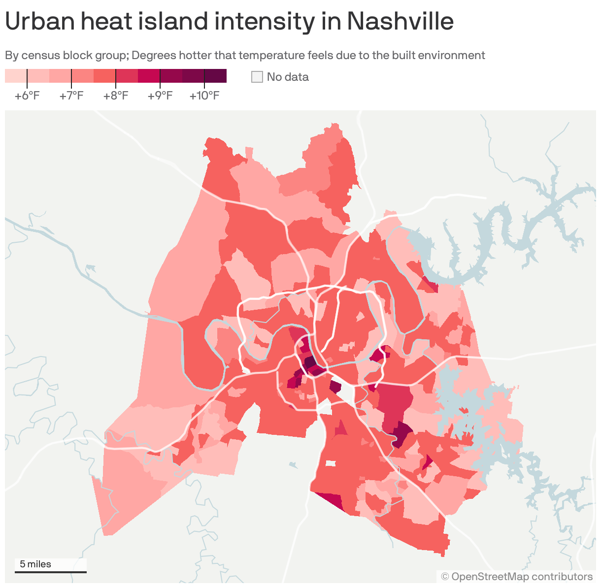 Map of Nashville, Tenn. showing the intensity of urban heat islands by census block group. On average, the city feels 7.9°F hotter due to the built environment.