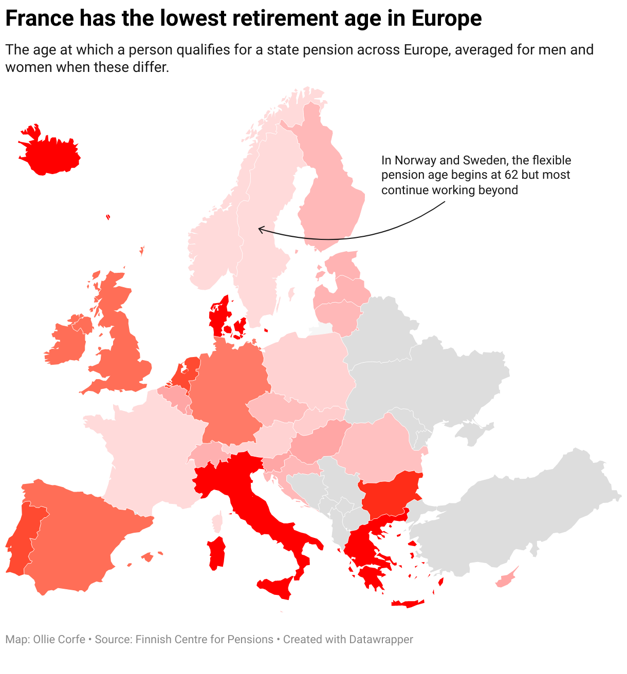 Map of Europe by state pension ages.