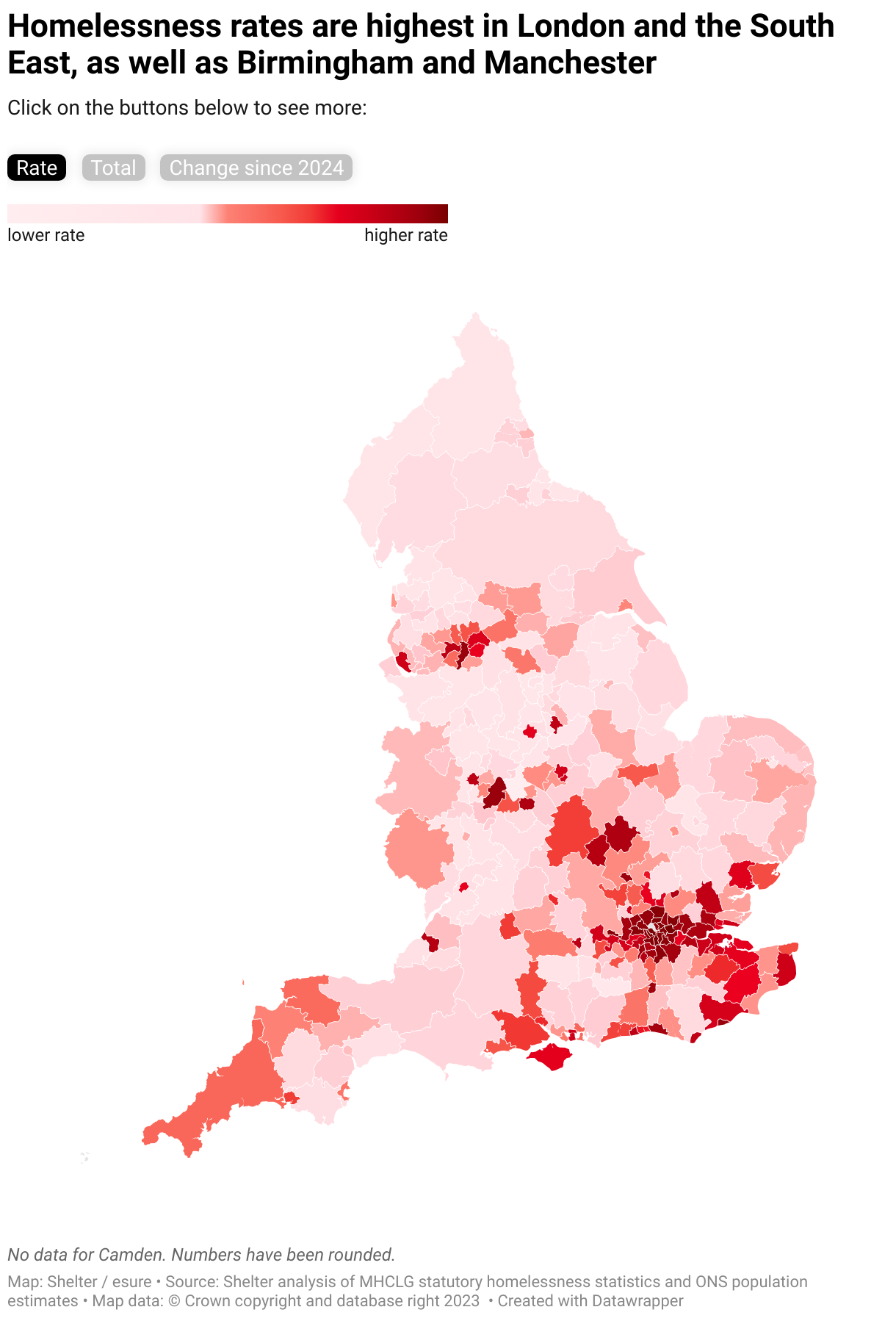 Interactive map of homelessness in England, showing numbers of homelessness across the country. 