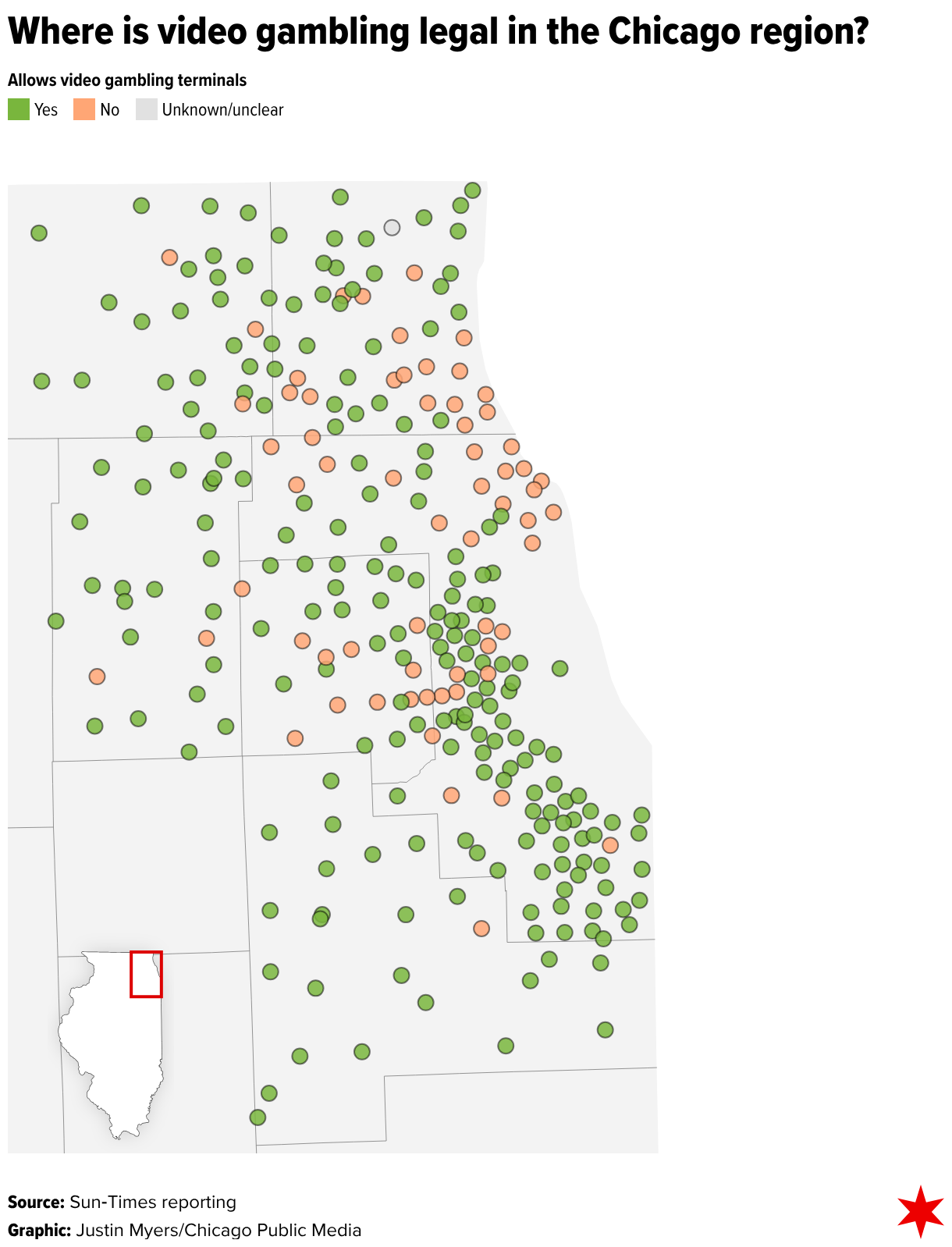 A map of the collar counties of northeast Illinois, with several small dots placed throughout, all of the same size. Each dot represents a municipality (town or city or village) and is colored according to whether it allows video gambling terminals. The vast majority of dots are green, representing that they do allow the devices. Most of those that do not are clustered in the northern suburbs of Chicago, on either side of the border of Cook County and Lake County, especially toward the lake.