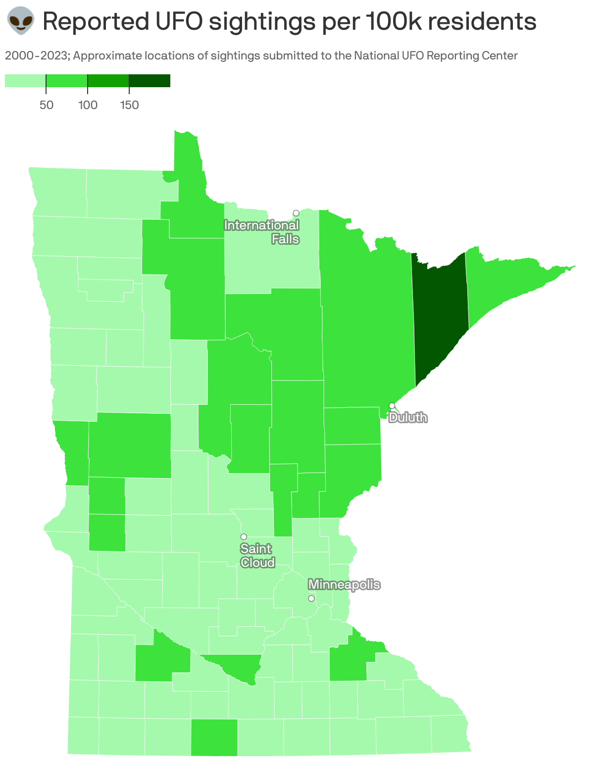 👽 Reported UFO sightings per 100k residents