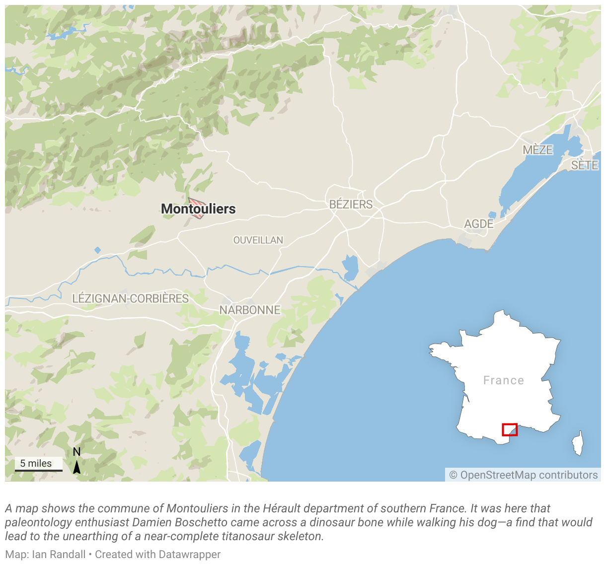 Un mapa muestra la comuna de Montouliers en el departamento de Hérault, en el sur de Francia.