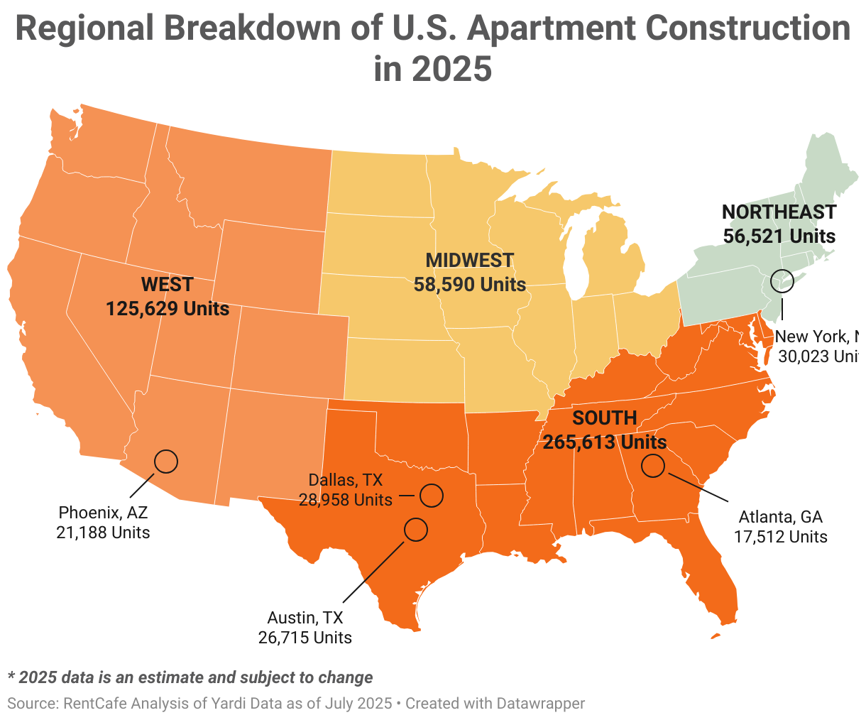 Top 20 U.S. Metros for New Apartments in 2025 (Choropleth map)