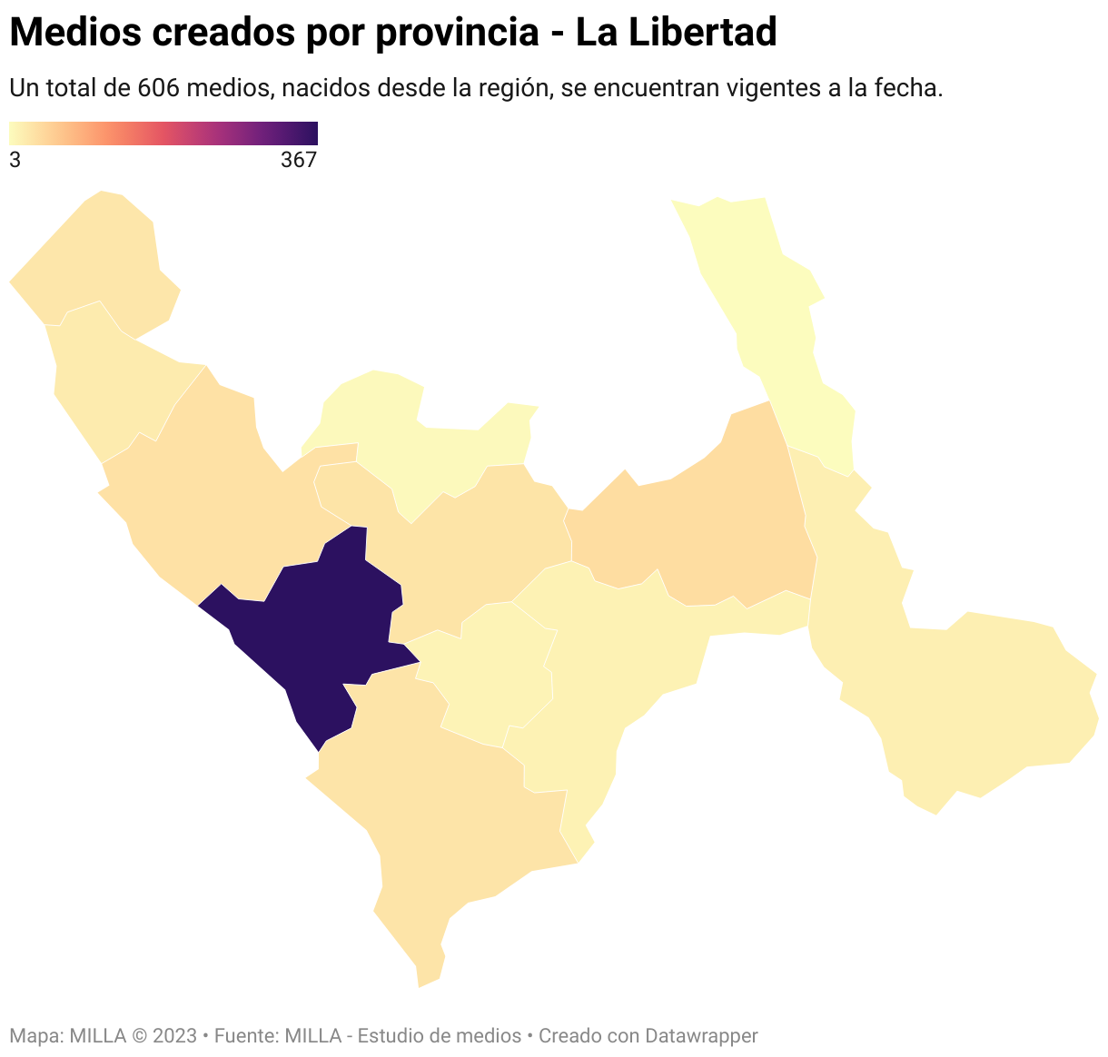 Mapa de número de medios de comunicación creados por cada provincia de La Libertad.