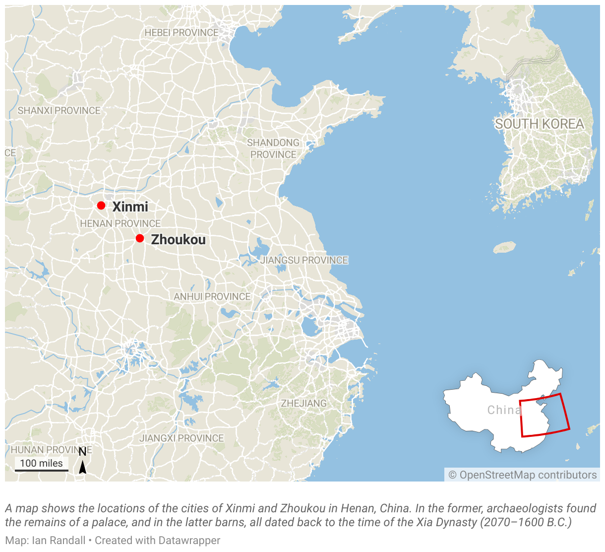 A map shows the locations of the cities of Xinmi and Zhoukou in Henan, China.