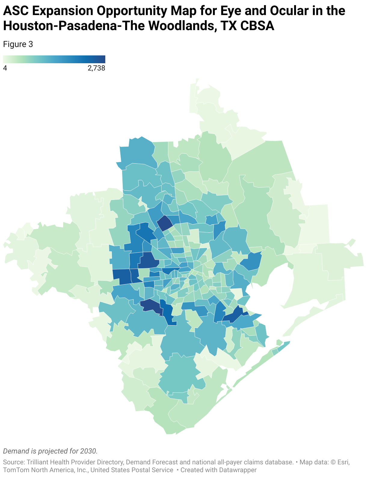 A ZIP-Code level heatmap that analyzes supply and demand for eye and ocular services in the Houston-Pasadena-The Woodlands, TX CBSA.