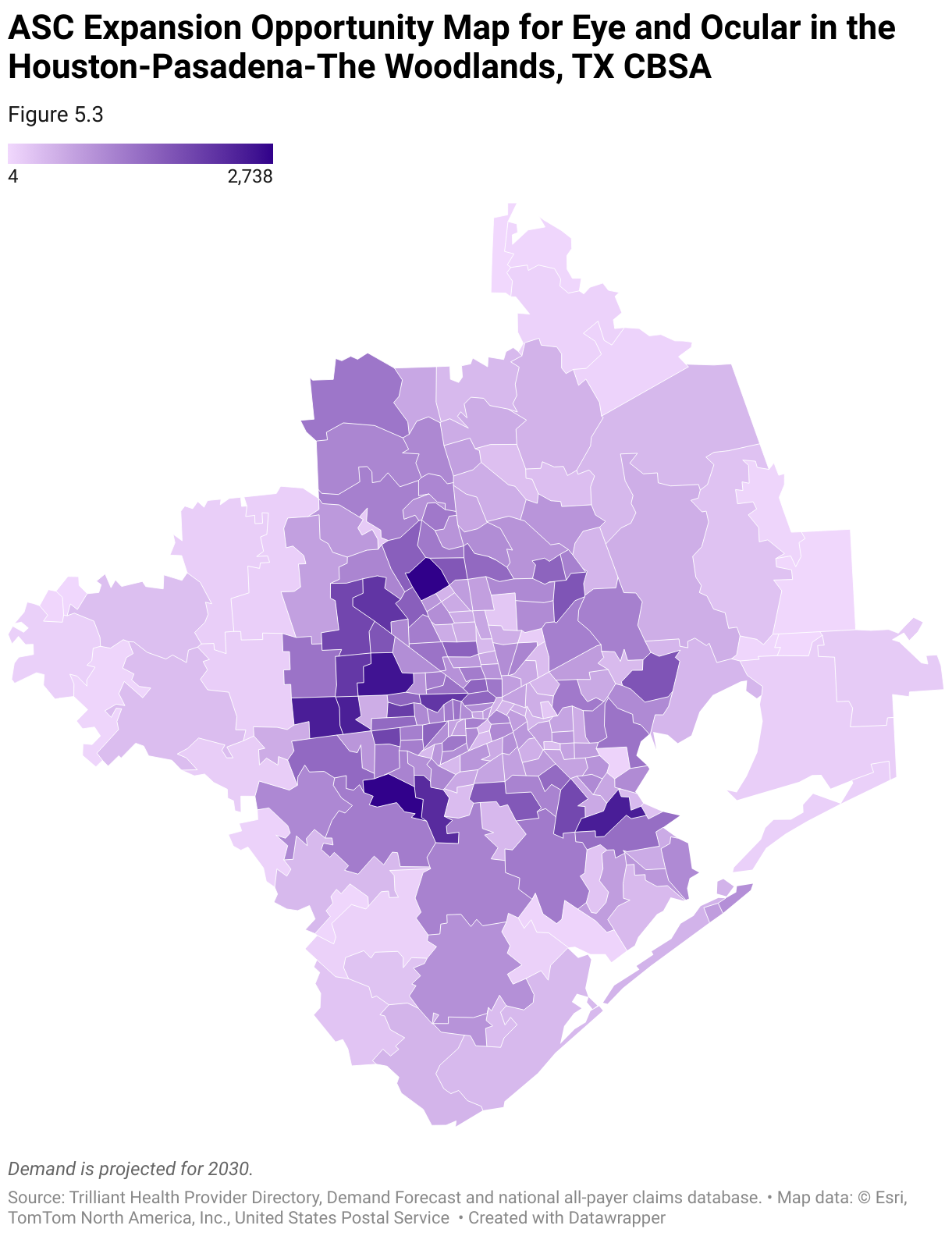 A ZIP-Code level heatmap that analyzes supply and demand for eye and ocular services in the Houston-Pasadena-The Woodlands, TX CBSA.