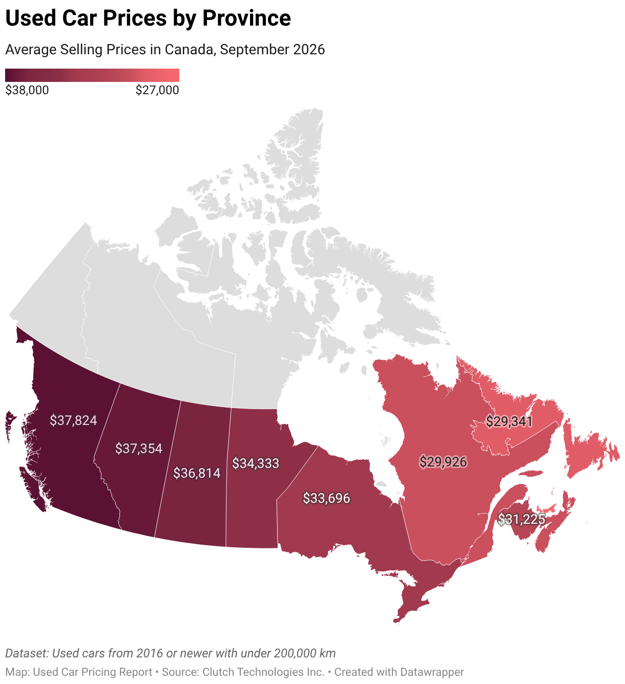 Map showing average used car prices for each province in Canada.