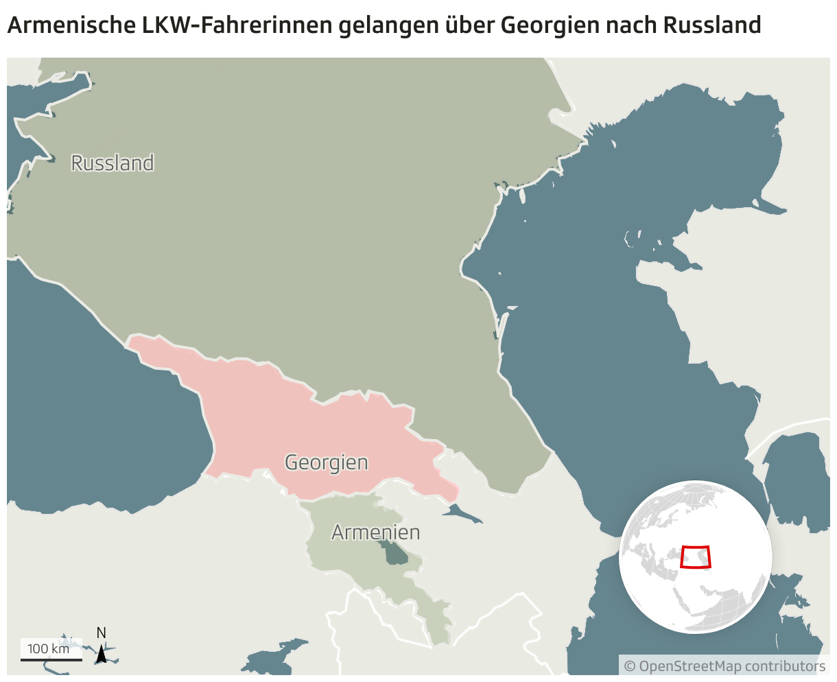 Armenische LKW-Fahrerinnen gelangen über Georgien nach Russland (Locator-Karte)