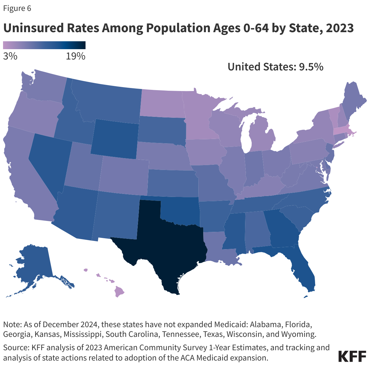 Uninsured Rates Among Population Ages 0-64 by State, 2023
