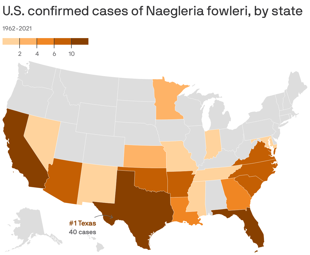 U.S. confirmed cases of Naegleria fowleri, by state