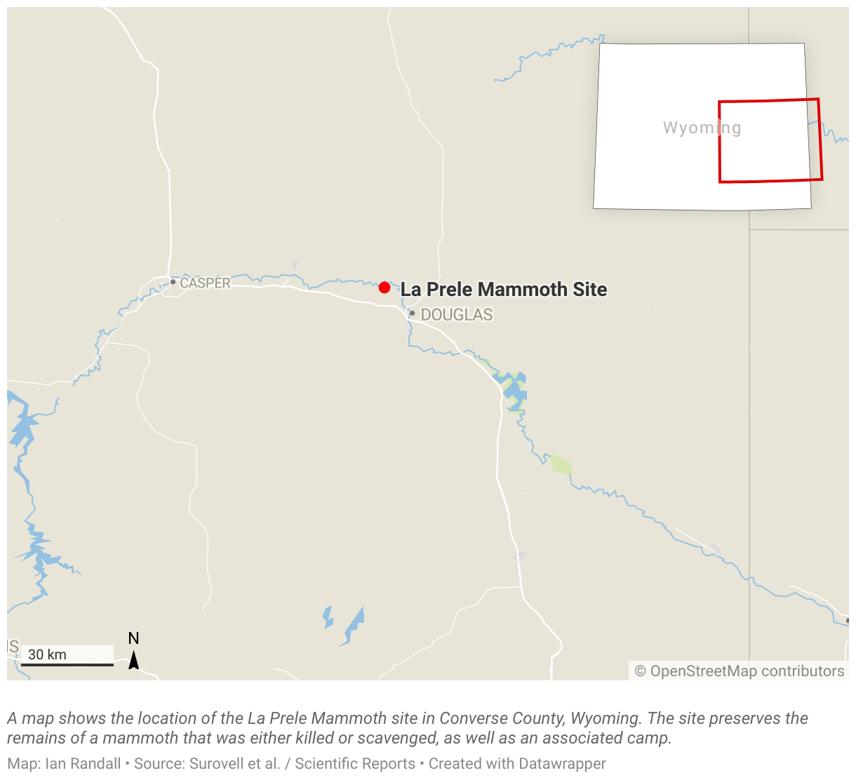 A map shows the location of the La Prele Mammoth Site in Converse County, Wyoming.
