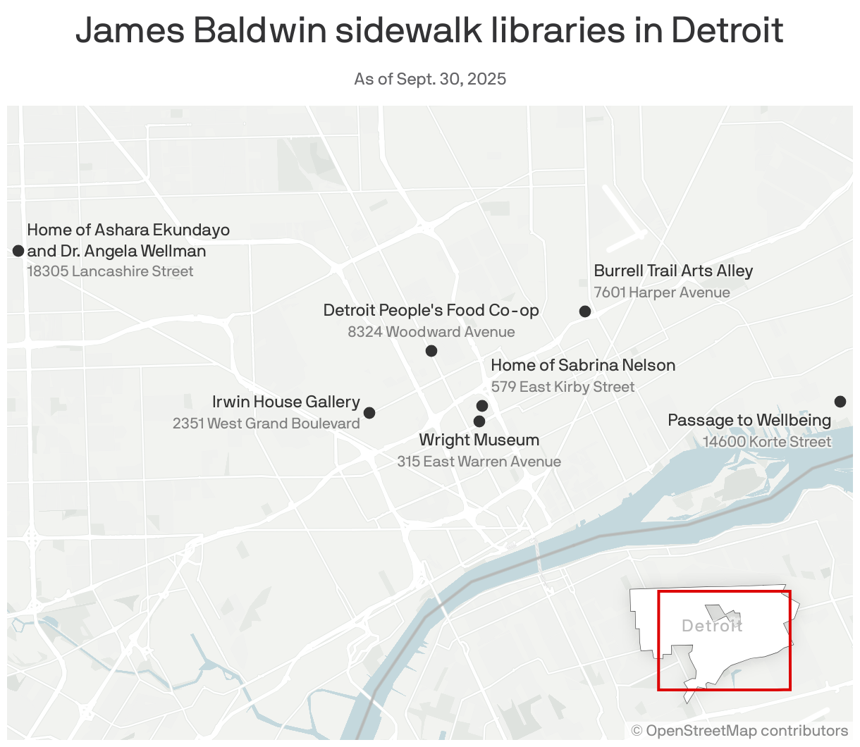A map showing the locations of the seven James Baldwin sidewalk libraries in Detroit. They are largely located downtown near the Museum of African-American History.
