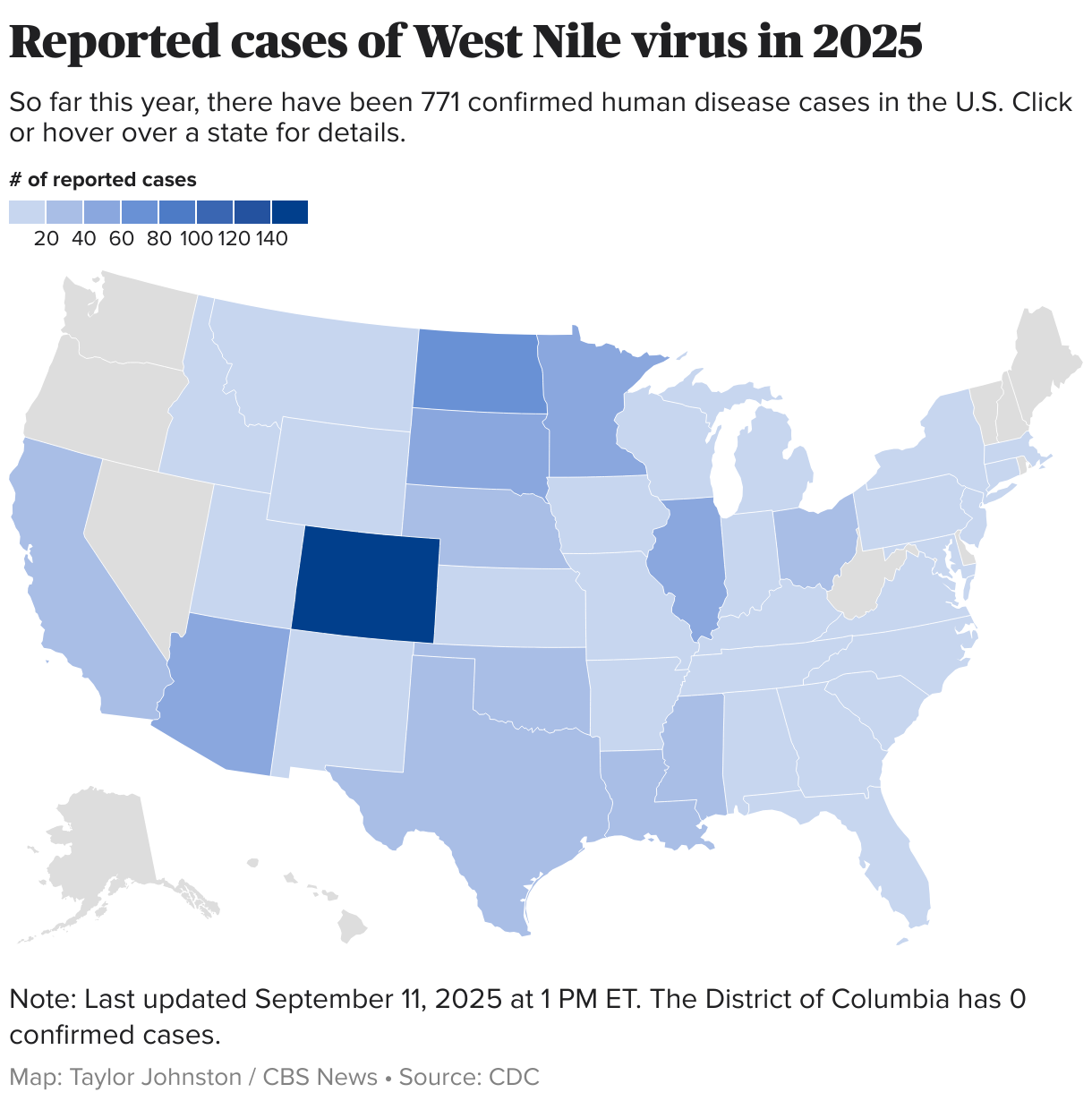 U.S. map showing the number of reported cases of West Nile so far this year.