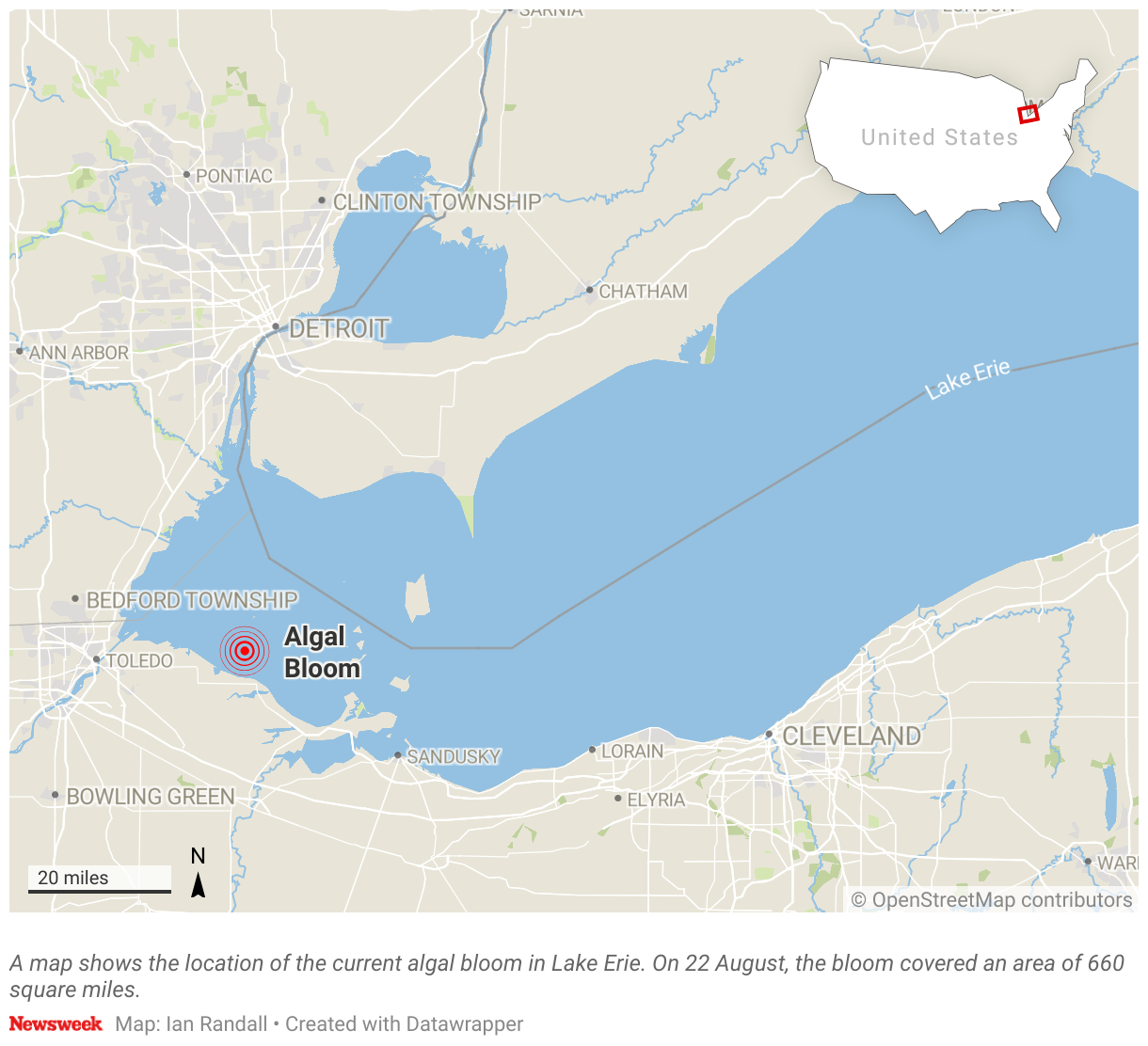 A map shows the location of the current algal bloom in Lake Erie.