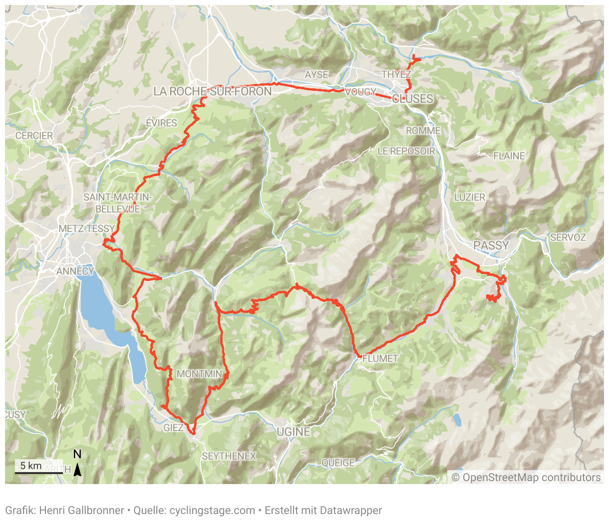 Eine Karte der 15. Etappe der Tour de France 2023