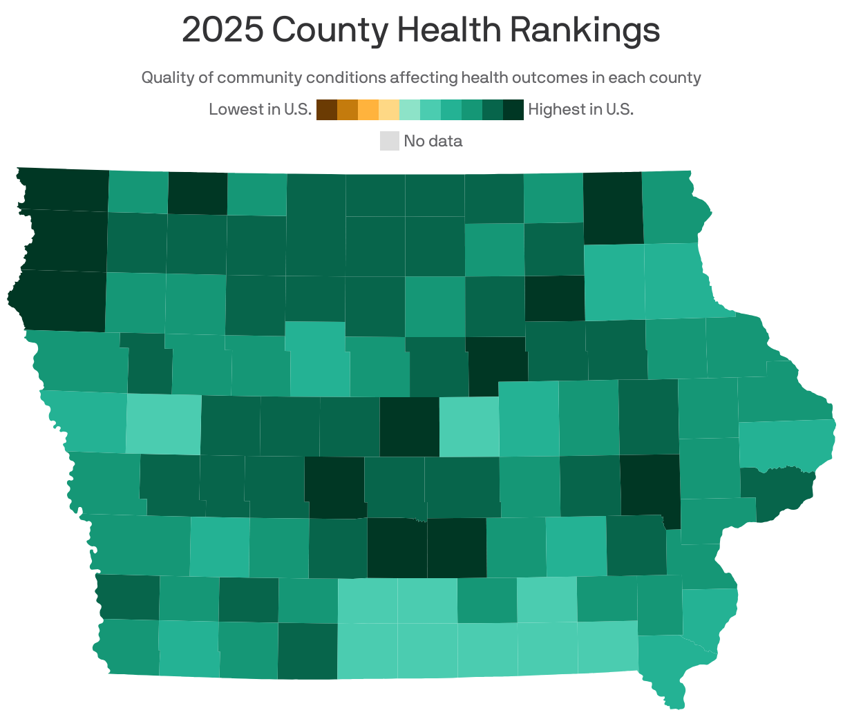 A choropleth map of Iowa counties showing 2025 County Health Rankings. Counties were ranked by the quality of community conditions that affect local health outcomes, such as social and economic factors, physical environment and health infrastructure. Sioux County, Iowa ranked the highest in the state, while Van Buren County, Iowa ranked the lowest.