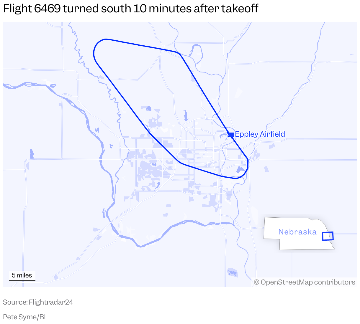 A map of Omaha, Nebraska, showing the path of American Airlines Flight 6469 on October 20, 2025, which diverted back to Eppley Airfield after 20 minutes.