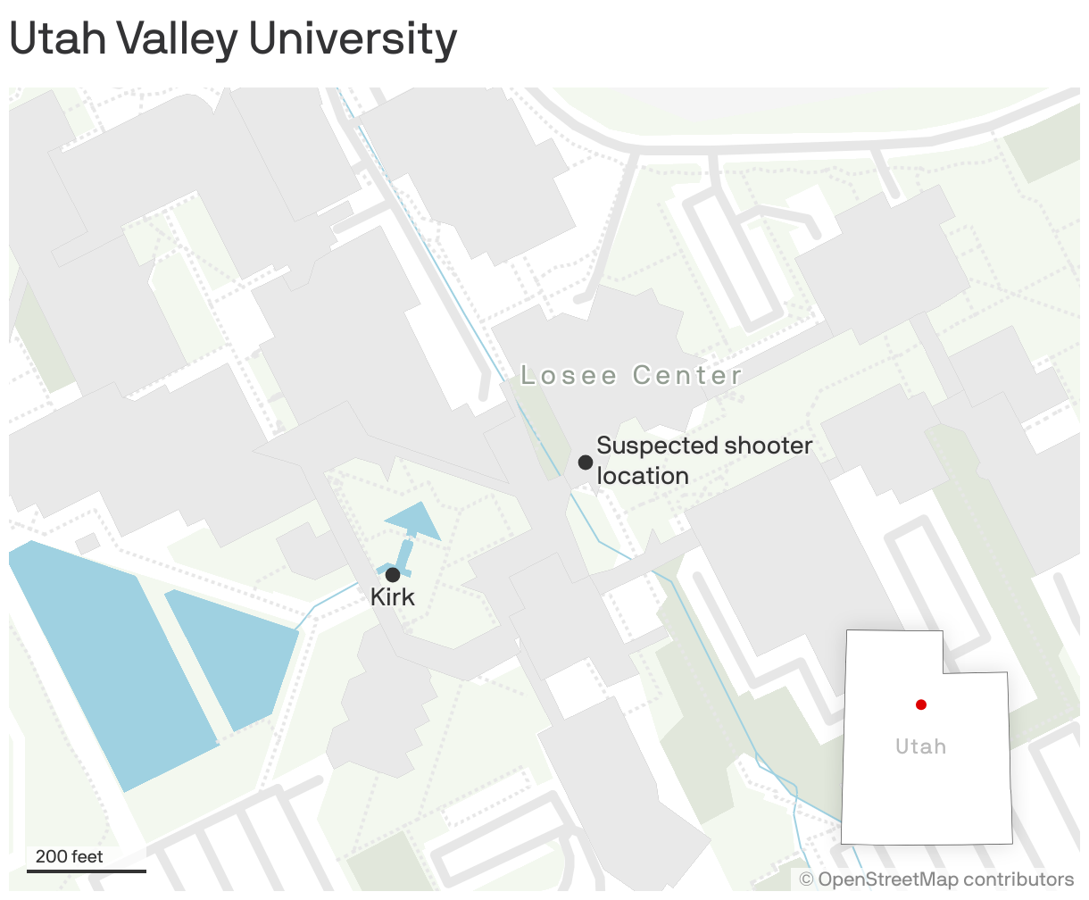 A map of Utah Valley University marking the university courtyard where Charlie Kirk was located and a nearby rooftop identified as the suspected shooter’s position during the assassination.
