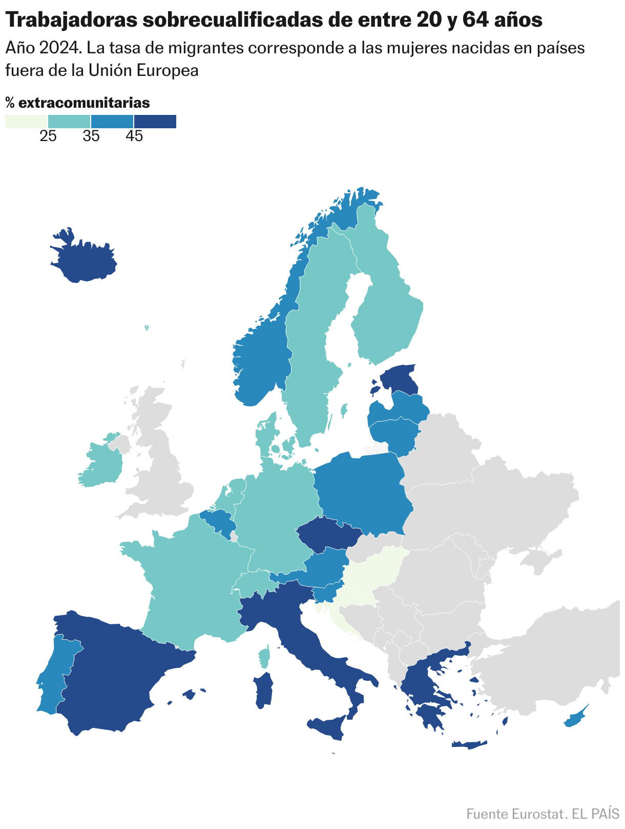 Porcentaje de trabajadoras sobrecualificadas de entre 20 y 64 años en 2024 en Europa (Mapa coroplético)