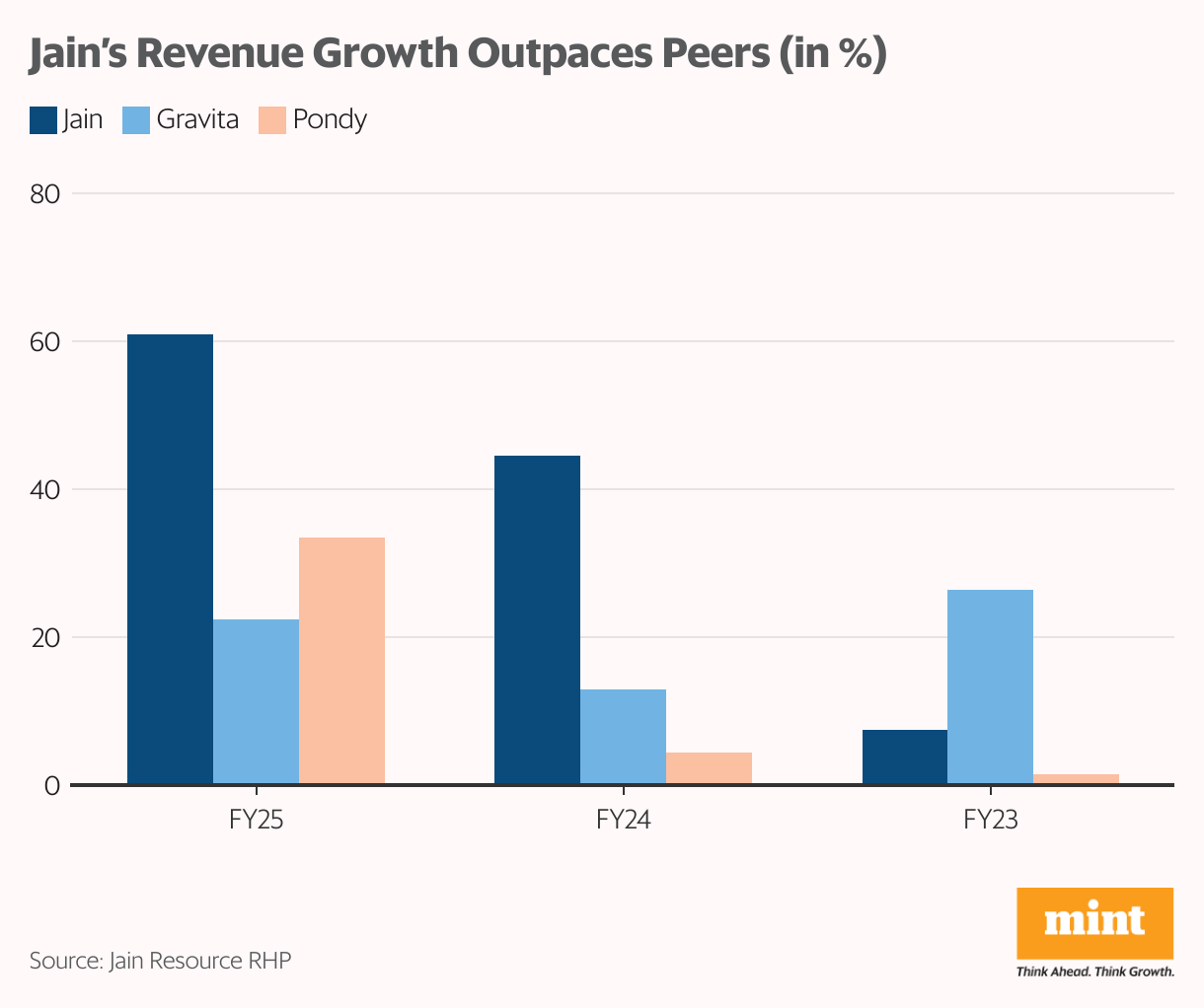 Jain’s Revenue Growth Outpaces Peers (in %) (Grouped column chart)