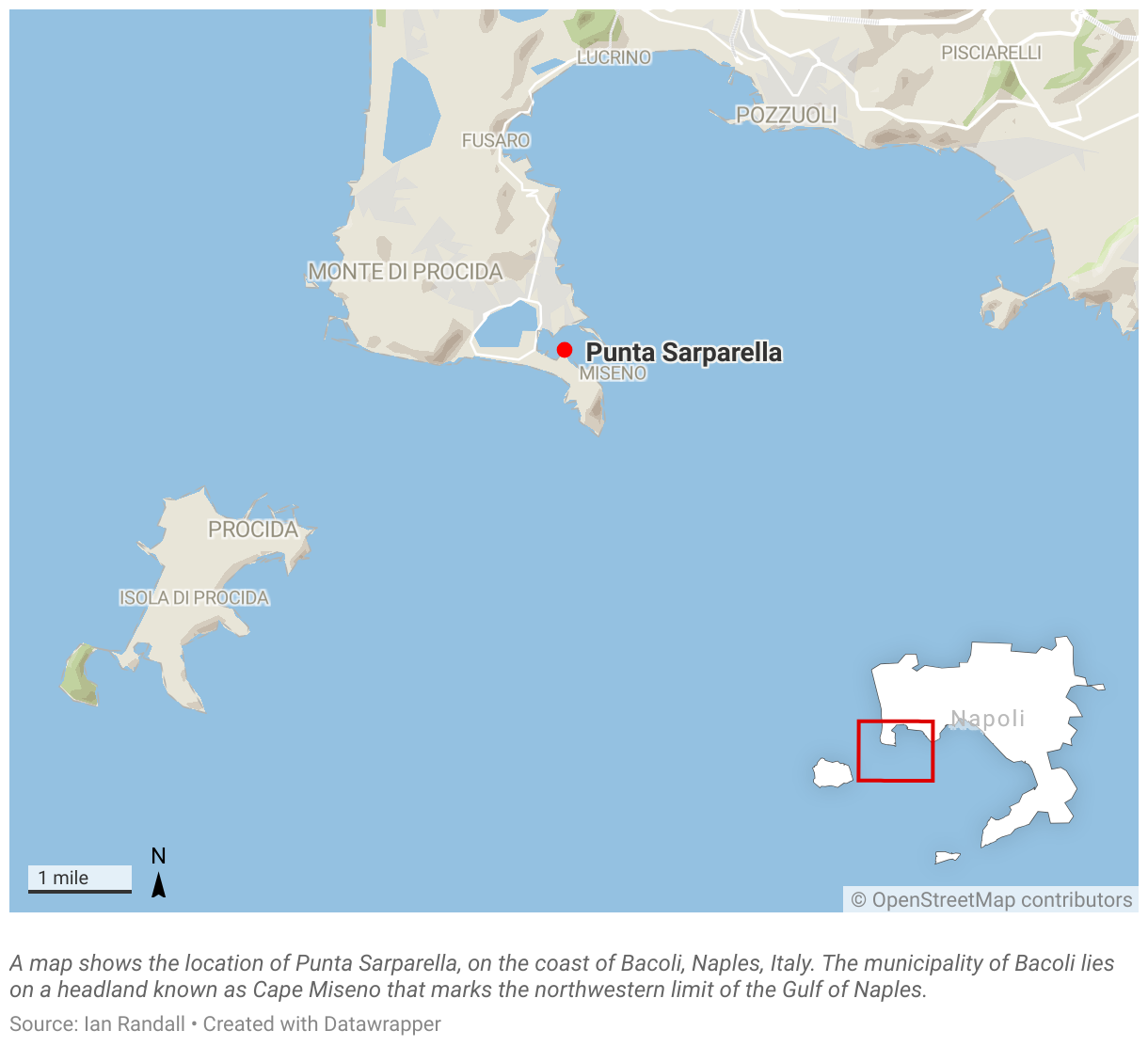 A map shows the location of Punta Sarparella, on the coast of Bacoli, Naples, Italy.