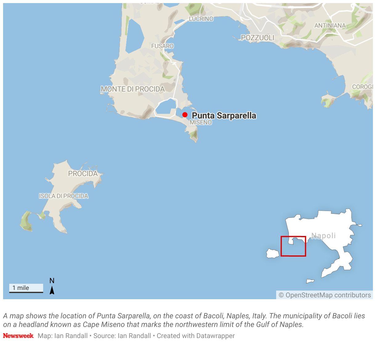 A map shows the location of Punta Sarparella, on the coast of Bacoli, Naples, Italy.