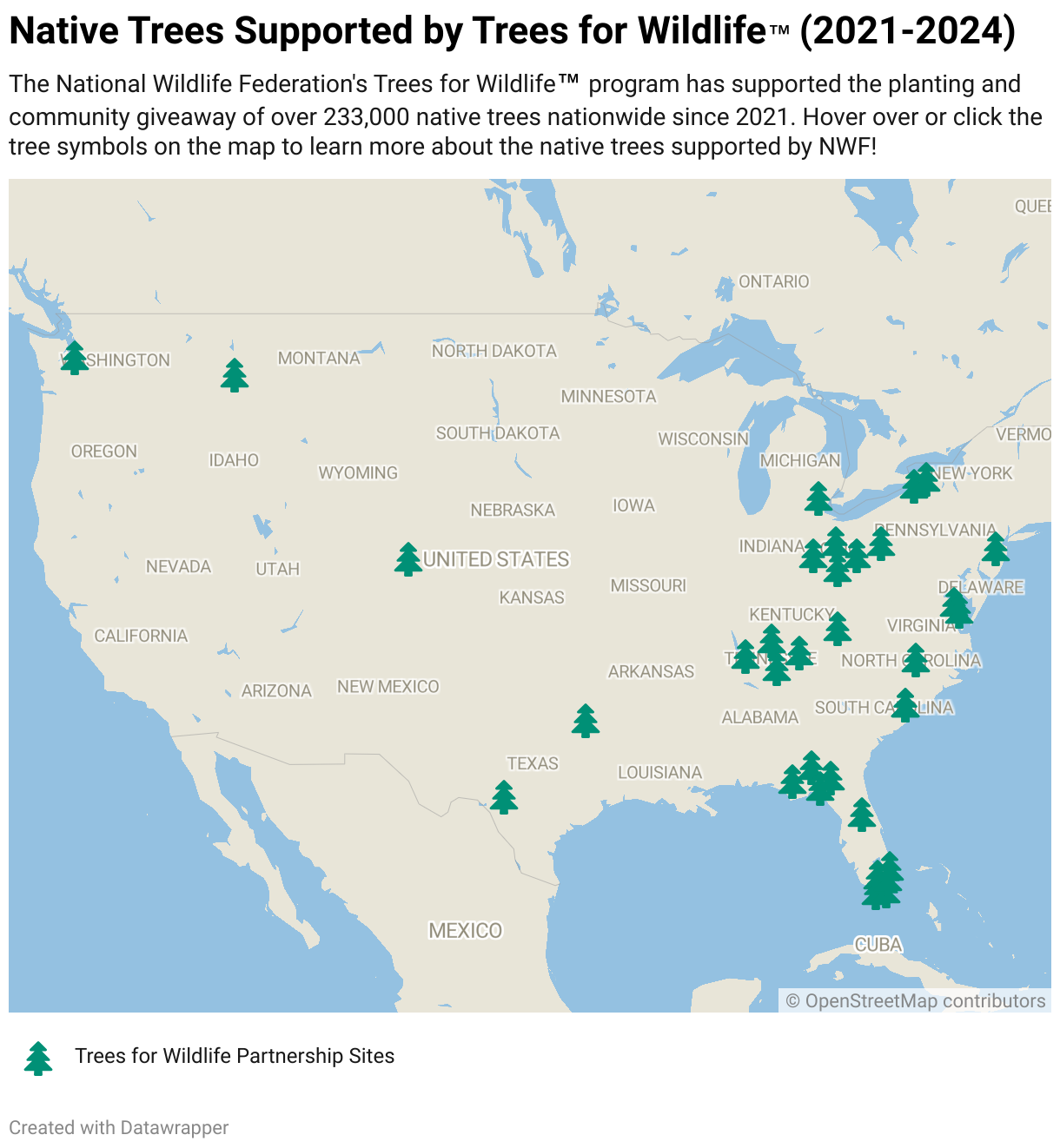 A map of the United States with green conifer trees scattered across the map. When you hover over the trees, a box appears with a description of the native trees supported by Trees for Wildlife. 