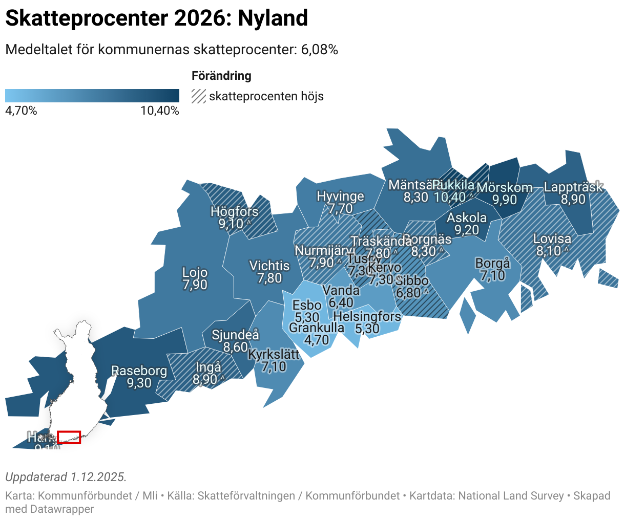 Skatteprocenter 2026: Nyland (Choropleth map)