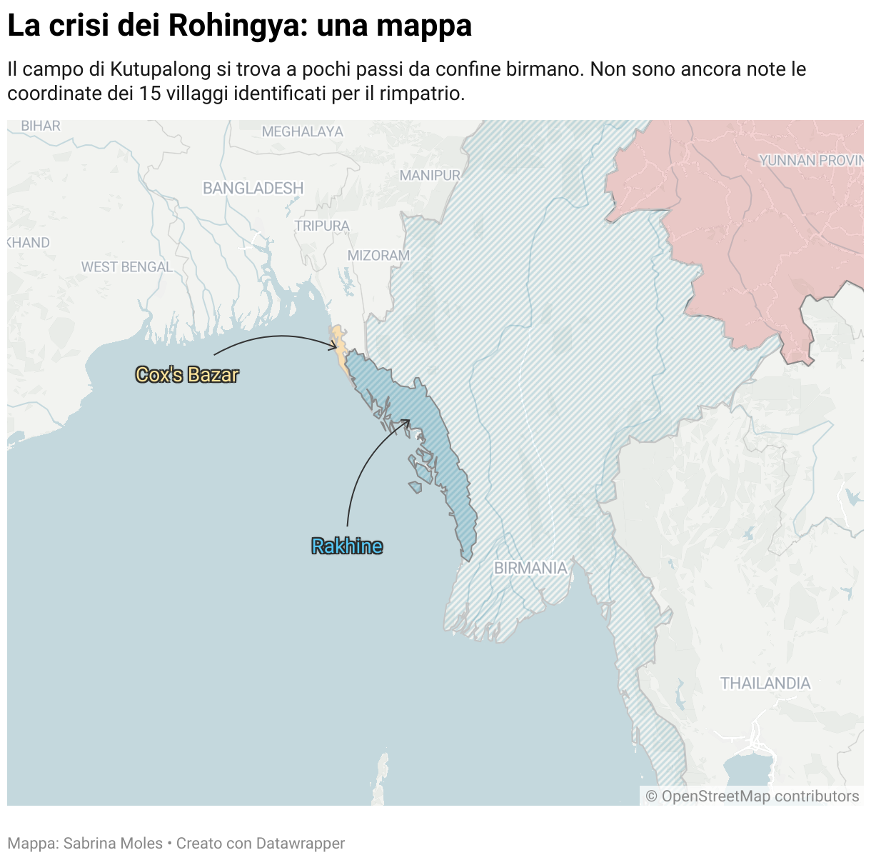 La mappa illustra l'area geografica oggetto dell'articolo. Il campo profughi di Kutupalong si trova lungo il confine tra Bangladesh e Myanmar, a nord dello Stato del Rakhine.