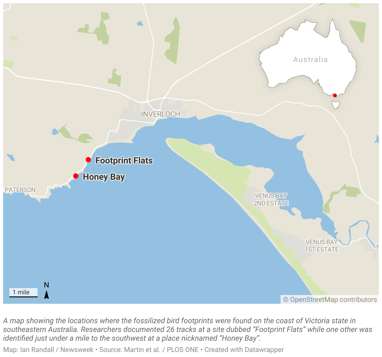 A map showing the locations where the fossilized bird footprints were found on the coast of Victoria state in southeastern Australia.